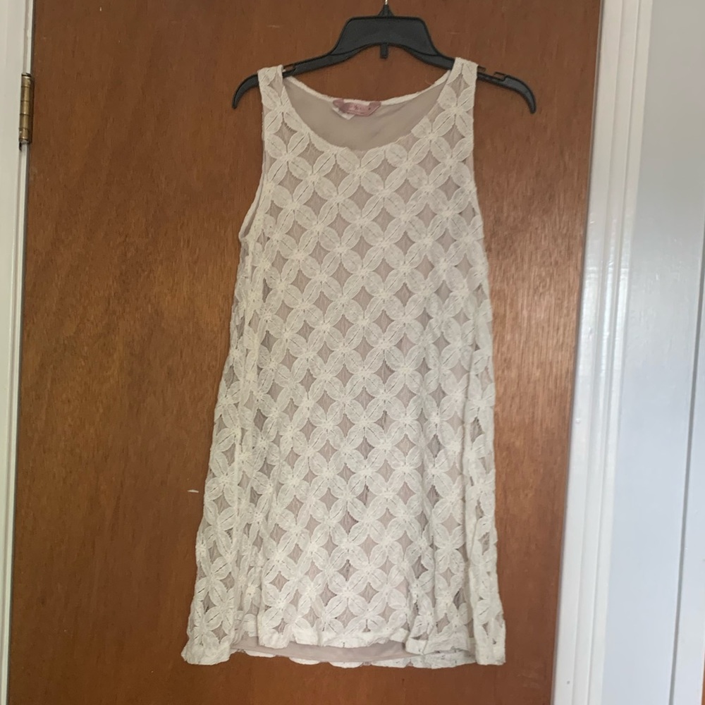 Cream and taupe lace dress.